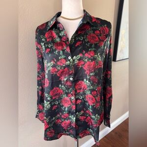 Floral Black and Red Women's Floral Button DownTop